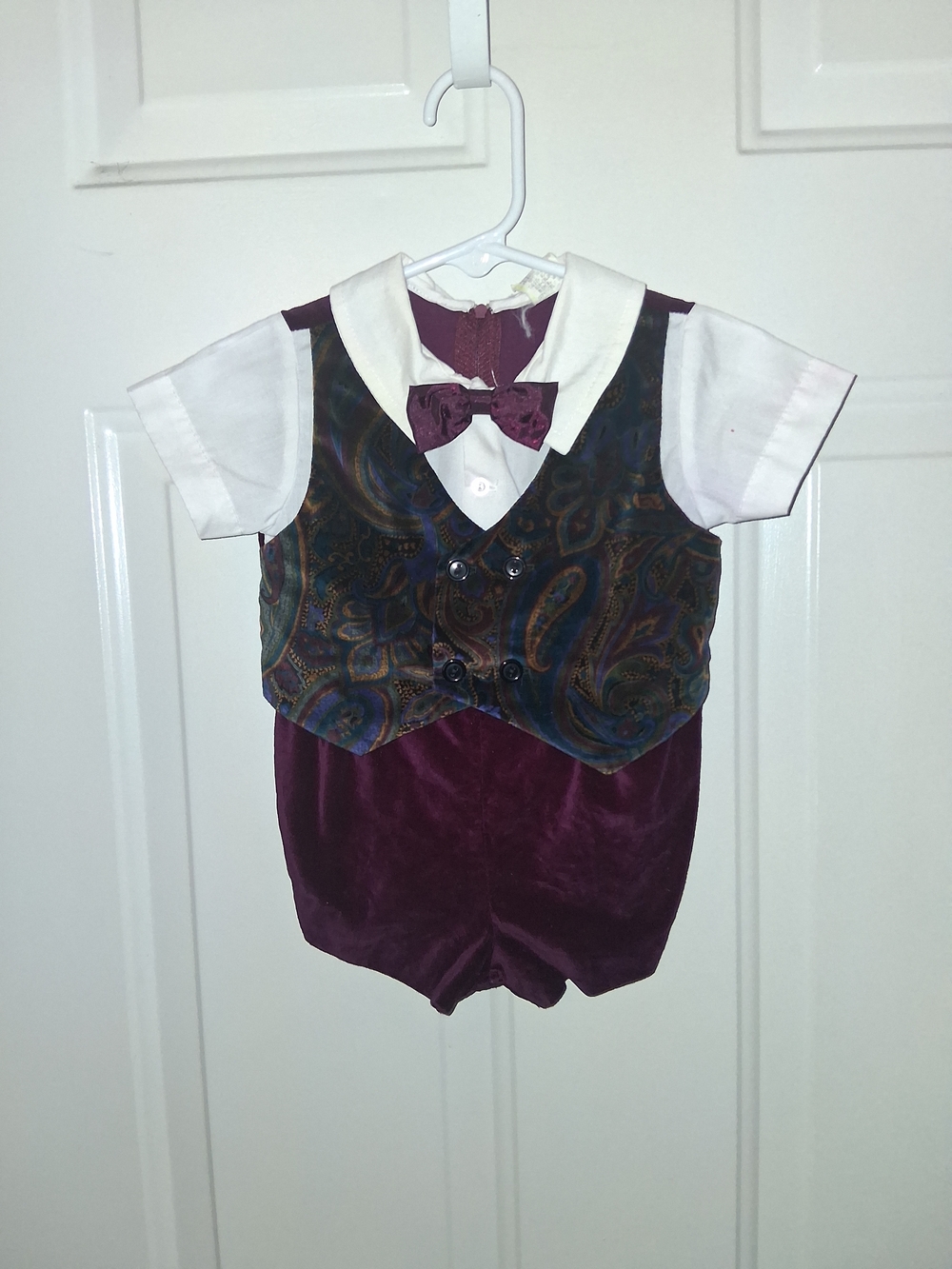 Velvet Baby Boy Formal Romper with Paisley Vest and Bow Tie - Burgundy
